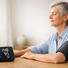 Donna anziana con bracciale per misurare la pressione. Il display mostra valori elevati, indicando possibili picchi di pressione alta.