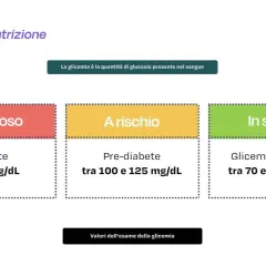 Valori glicemia a digiuno: 95 mg/dL rientra nella fascia "In salute" (70-100 mg/dL). Il grafico mostra le categorie "Pericoloso", "A rischio" e "In salute".