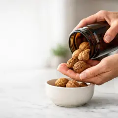 Mani versano noci da un barattolo in una ciotola. La frutta secca è un alleato contro il colesterolo.