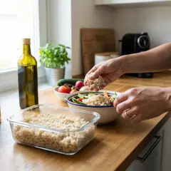 Mani aggiungono riso integrale a un'insalata colorata. Un sacchetto di riso per diabetici e una bottiglia d'olio sono sul bancone.