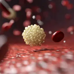 Aggregato di LDL ossidate, potenzialmente dannose, fluttua tra globuli rossi nel flusso sanguigno.