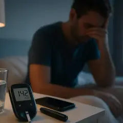 Uomo preoccupato guarda il misuratore di glicemia con valore 142 mg/dL, un bicchiere d'acqua e un telefono sul comodino. L'effetto alba suggerisce un problema di glicemia mattutina.