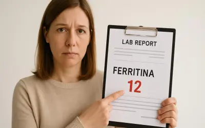 Donna preoccupata indica un referto con emocromo perfetto ma ferritina bassa, valore 12.