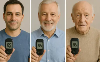 Uomini di diverse età mostrano un glucometro con valore 85, indicando glicemia valori normali per età.