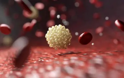 Aggregato di LDL ossidate, potenzialmente dannose, fluttua tra globuli rossi nel flusso sanguigno.