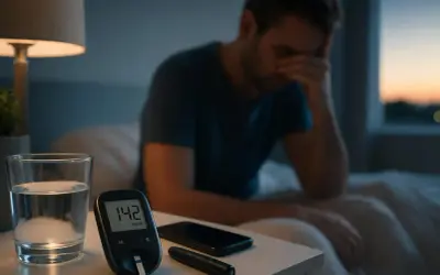 Uomo preoccupato guarda il misuratore di glicemia con valore 142 mg/dL, un bicchiere d'acqua e un telefono sul comodino. L'effetto alba suggerisce un problema di glicemia mattutina.