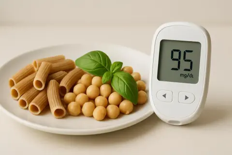 Piatto con pasta integrale e ceci, accanto a un glucometro che segna 95 mg/dL. Attenzione agli alimenti che alzano la glicemia.