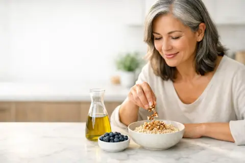 Donna in menopausa sceglie una dieta sana per il colesterolo alto, aggiungendo noci all'avena.