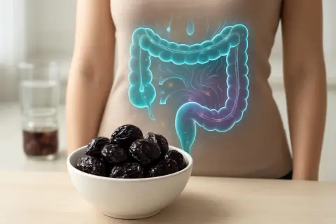 Prugne secche, un rimedio naturale per la stitichezza, mostrate accanto a un'illustrazione dell'intestino umano.