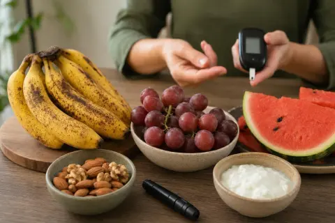 Frutta secca, uva, banane, anguria e yogurt. Una persona controlla la glicemia con un glucometro, suggerendo un'alimentazione attenta per la gestione del diabete.