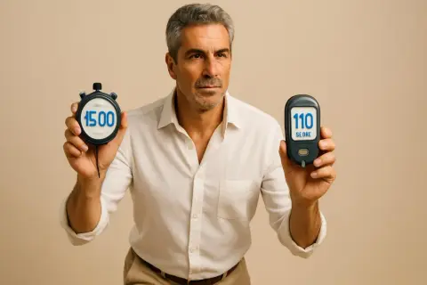 Uomo con glucometro (110) e cronometro (1500). Valori glicemia dopo camminata.
