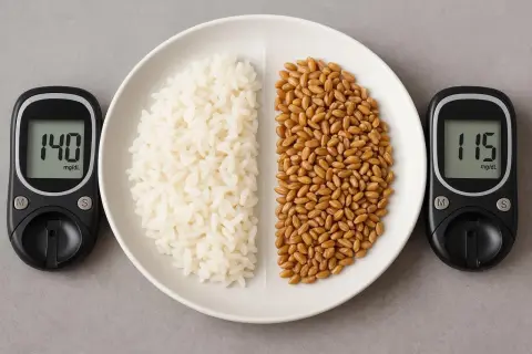 Piatto diviso: riso bianco (indice glicemico 140) e chicchi di grano (indice glicemico 115). Scegliere cereali a basso indice glicemico per una dieta sana.
