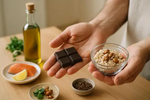 Un pezzo di cioccolato fondente in mano, accanto a una ciotola di fiocchi d'avena e mandorle. Un pasto equilibrato per gestire il colesterolo.