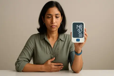 Donna preoccupata guarda il misuratore di pressione che indica valori alti, sintomo di ansia e pressione alta.