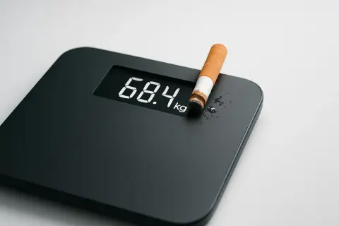 Bilancia digitale mostra 68.4 kg con una sigaretta. Forse qualcuno pensa che fumare fa dimagrire, ma è un mito pericoloso.