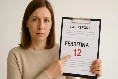 Donna preoccupata indica un referto con emocromo perfetto ma ferritina bassa, valore 12.