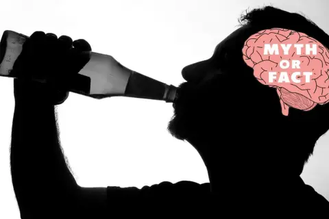 Silhouette di uomo beve da bottiglia, con cervello che mostra "Mito o Fatto". Il fegato ne risente, lasciando una bocca amara.