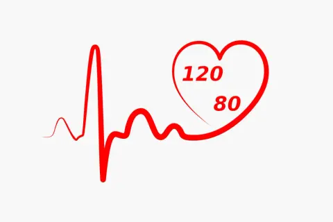 Grafico di un elettrocardiogramma con un cuore rosso che mostra 120/80, indicando le pulsazioni al minuto.