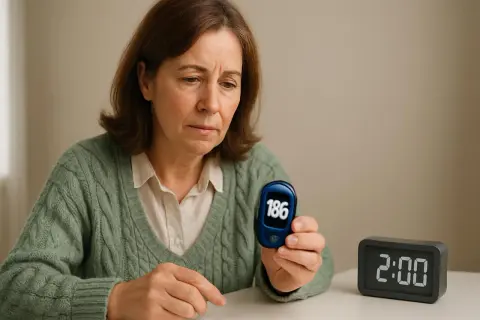Donna preoccupata guarda il glucometro: glicemia 186 dopo mangiato. L'orologio segna le 2:00.