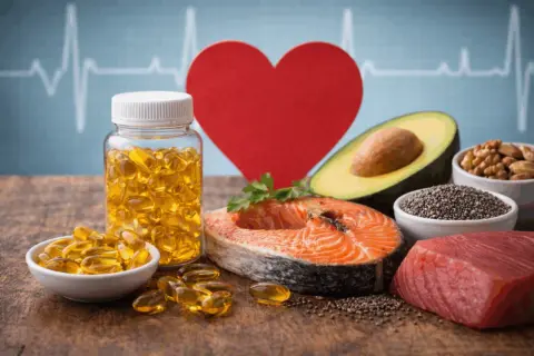 Alimenti ricchi di omega 3 e integratori, con cuore e battito cardiaco stilizzati, per la salute del colesterolo.