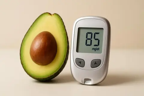 Avocado accanto a un glucometro che segna 85 mg/dL, suggerendo un controllo della glicemia.