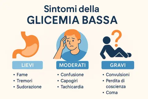 Sintomi della glicemia bassa: lievi (fame, tremori, sudorazione), moderati (confusione, capogiri, tachicardia), gravi (convulsioni, perdita di coscienza, coma). Cosa fare in caso di ipoglicemia?