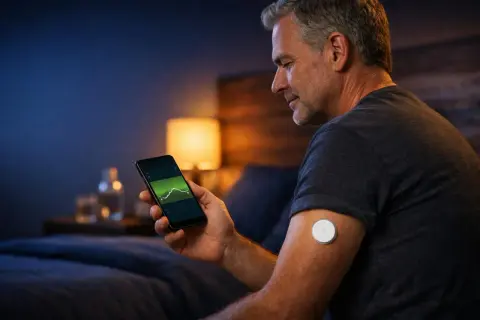 Uomo controlla smartphone con grafico glicemia, monitorando possibili sintomi di glicemia alta di notte.