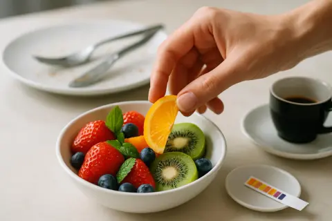 Una mano aggiunge una fetta d'arancia a una ciotola di fragole, mirtilli e kiwi. Un'idea sana per la frutta dopo i pasti.