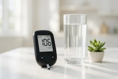 Misurazione glicemia 106 mg/dL a digiuno. Un bicchiere d'acqua e una piccola pianta completano la scena.