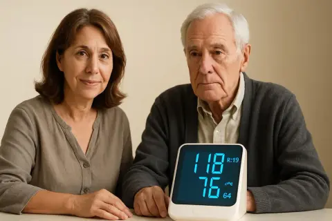 Coppia anziana controlla la pressione. Il dispositivo mostra valori che potrebbero essere confrontati con una tabella frequenza cardiaca per età.