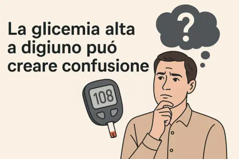 Uomo pensieroso con glucometro che mostra 108. La glicemia alta a digiuno può creare confusione.