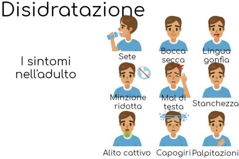 I sintomi della disidratazione negli anziani includono sete, bocca secca, lingua gonfia, minzione ridotta, mal di testa, stanchezza, alito cattivo, capogiri e palpitazioni.
