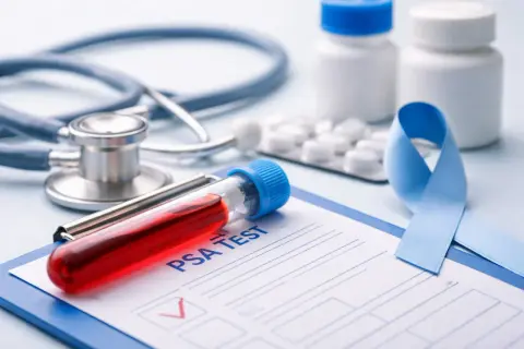 Esame PSA: provetta con sangue, stetoscopio, pillole e nastro blu per la consapevolezza. Un PSA libero basso è un buon segno.