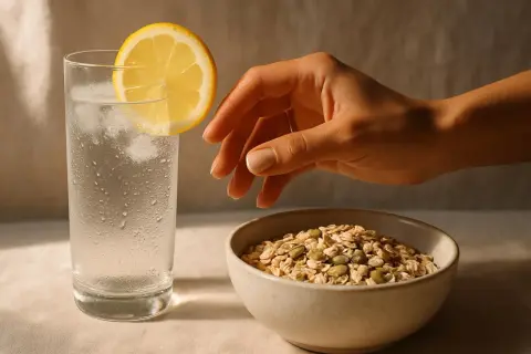 Mano che sfiora una ciotola di fiocchi d'avena e semi, accanto a un bicchiere d'acqua con limone. Ricorda che troppe fibre fanno male.