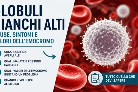 Globuli bianchi alti: cosa sono i leucociti, cause, sintomi e valori dell'emocromo. Immagine di un globulo bianco tra globuli rossi.