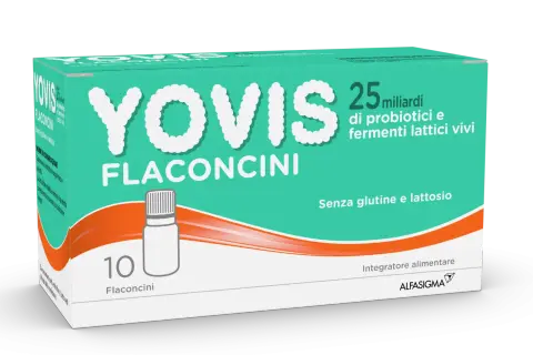 Yovis flaconcini: 25 miliardi di probiotici e fermenti lattici vivi, senza glutine e lattosio. Utile per chi cerca un elenco alimenti che fermentano nell'intestino.