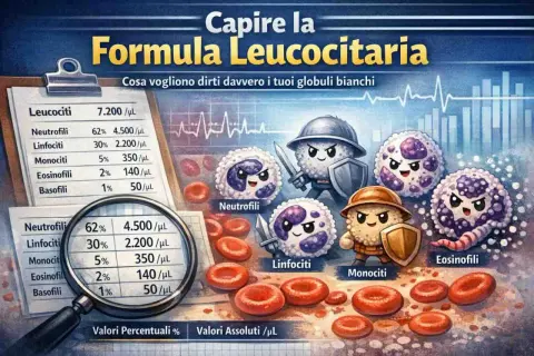 Illustrazione che spiega la formula leucocitaria, con globuli bianchi antropomorfi e tabelle sui monociti valori normali.