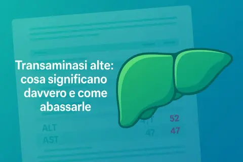 Fegato stilizzato accanto a un grafico con valori ALT e AST. Il testo indica "Transaminasi alte: cosa significano davvero e come abbassarle".