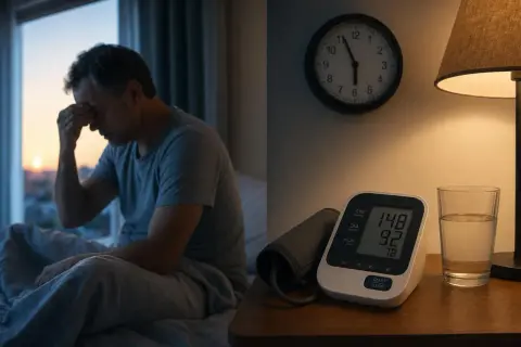 Uomo con mal di testa a letto, vicino a un misuratore di pressione che segna 148/92. La pressione è più alta la mattina o la sera?
