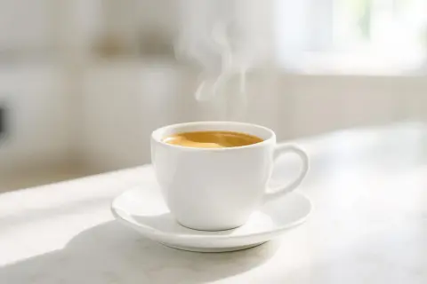 Tazza di caffè fumante su un piattino bianco. Attenzione, il caffè fa male al fegato se consumato in eccesso.