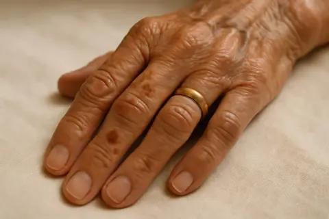 Mano anziana con macchie solari, simili a **palmi mani rosse fegato**, indossa un anello d'oro.
