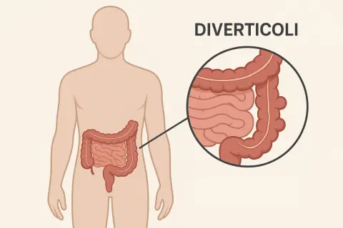 Illustrazione anatomica che mostra cosa sono i diverticoli: piccole sacche che sporgono dalla parete del colon.
