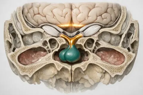 Sezione anatomica del cervello con ipofisi verde brillante. I valori normali di prolattina sono essenziali per la salute.