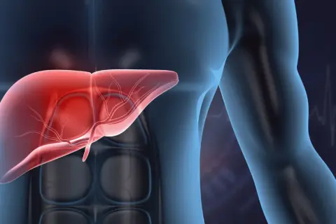 3D rendering of a human torso with a glowing red liver and a subtle heartbeat graphic in the background.