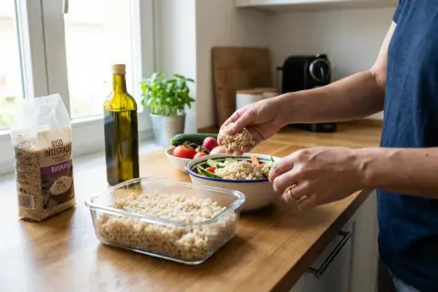 Mani aggiungono riso integrale a un'insalata colorata. Un sacchetto di riso per diabetici e una bottiglia d'olio sono sul bancone.