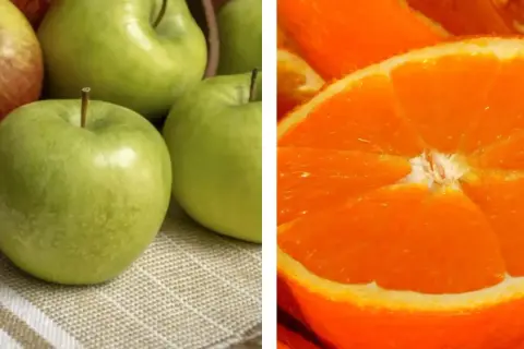 Mele verdi e arancia tagliata a metà. Attenzione, il fruttosio alza la glicemia.