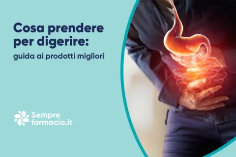 Guida su cosa prendere per digerire meglio. Immagine di uno stomaco e intestino con un'aura rossa, indicando disagio.