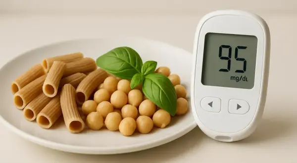 Piatto con pasta integrale e ceci, accanto a un glucometro che segna 95 mg/dL. Attenzione agli alimenti che alzano la glicemia.