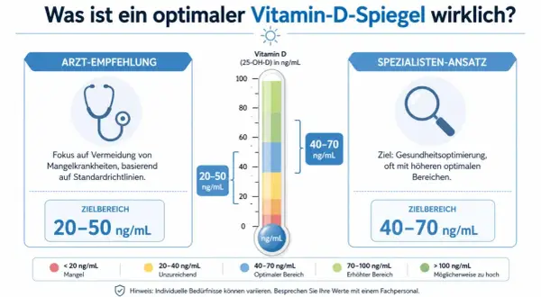 Grafico che illustra i livelli ottimali di vitamina D, con indicazioni per medici e specialisti. L'analisi della vitamina D è fondamentale per la salute.