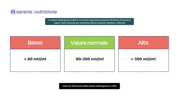 Grafico che illustra i valori normali di LDH: basso (<80), normale (80-300) e alto (>300) mU/ml.